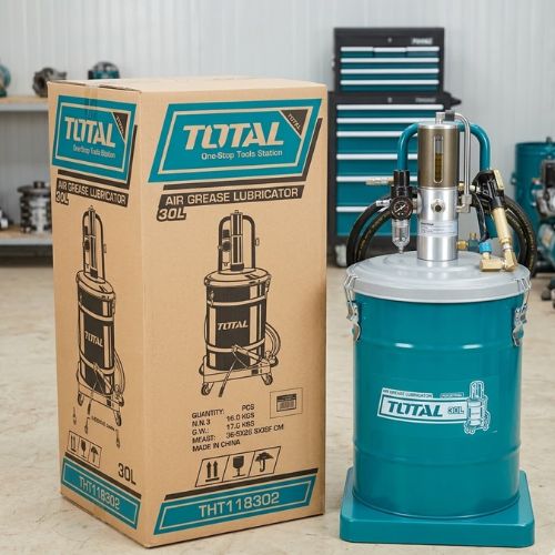 High-pressure industrial pneumatic grease pump in a sleek studio setting, ideal for heavy-duty automotive and industrial lubrication.