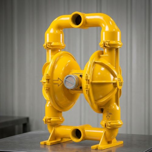 Industrial yellow air-operated double diaphragm pump for chemical and fluid transfer, professional manufacturing equipment distributed by Neatflow Solutions in Lagos.