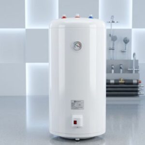 A studio-shot, white 150-litre Sweethome electric water heater standing on a light floor against a tiled background with plumbing fixtures visible.