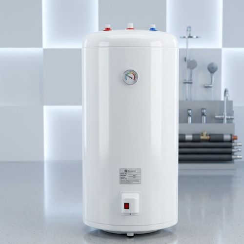 A studio-shot, white 150-litre Sweethome electric water heater standing on a light floor against a tiled background with plumbing fixtures visible.