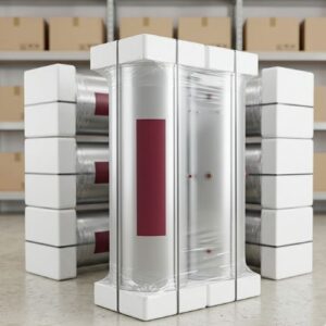 A professional product shot of an Ariston solar water heater system, securely packaged in foam and protective wrapping, displayed in a clean warehouse environment.