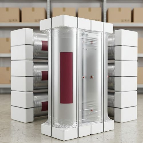 A professional product shot of an Ariston solar water heater system, securely packaged in foam and protective wrapping, displayed in a clean warehouse environment.