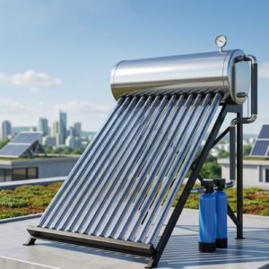 A high-quality 200-litre solar water heater system featuring sleek vacuum tubes and a metallic storage tank, installed on a sunny rooftop against a city skyline.
