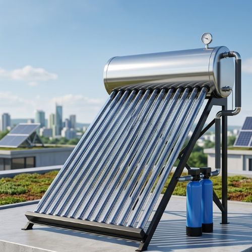 A high-quality 200-litre solar water heater system featuring sleek vacuum tubes and a metallic storage tank, installed on a sunny rooftop against a city skyline.