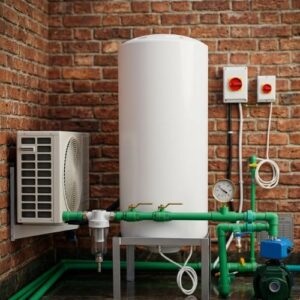 A vertical white Ariston 200L storage water heater installed outdoors with a pressure pump and plumbing pipes.