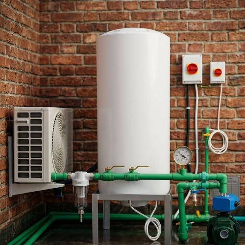 A vertical white Ariston 200L storage water heater installed outdoors with a pressure pump and plumbing pipes.