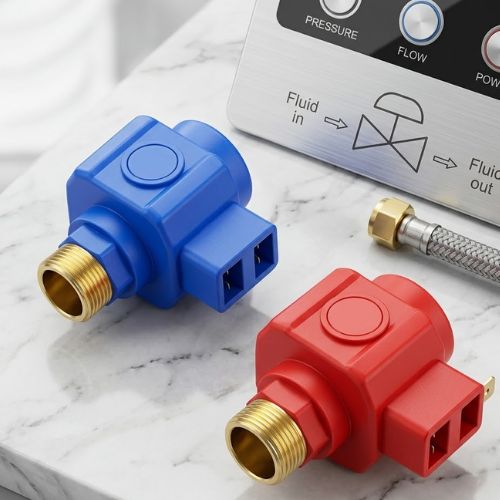 A pair of blue and red anti-electric shock safety valves for electric water heaters, featuring brass threaded connectors and shown on a clean, professional surface.