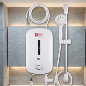 Compact Sweethome instant electric tankless water heater with a handheld shower set and riser rail for wall-mounted installation.