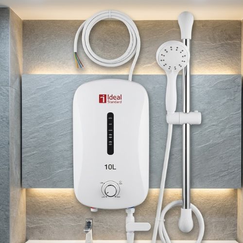 Compact Sweethome instant electric tankless water heater with a handheld shower set and riser rail for wall-mounted installation.