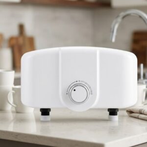 White Sweethome instant electric water heater with a temperature control dial mounted on a kitchen countertop next to a faucet.
