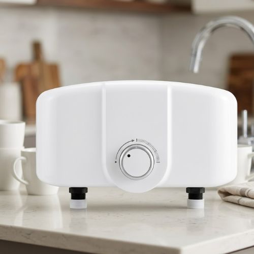 White Sweethome instant electric water heater with a temperature control dial mounted on a kitchen countertop next to a faucet.