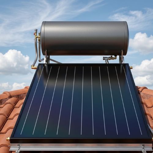 Calpak 150L solar water heater system mounted on a red tile roof against a bright blue sky.