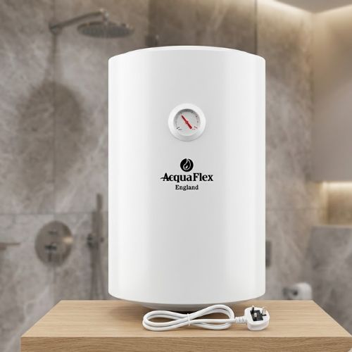 White cylindrical electric water storage heater for indoor residential or commercial use.