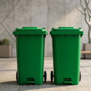 Two durable green 240-litre industrial waste bins with wheels standing on a paved outdoor area.