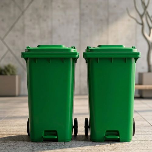 Two durable green 240-litre industrial waste bins with wheels standing on a paved outdoor area.