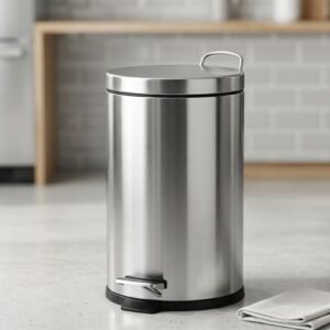 A sleek, modern automatic touchless waste bin made of high-grade, polished 304 stainless steel standing on a neutral surface.
