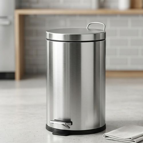 A sleek, modern automatic touchless waste bin made of high-grade, polished 304 stainless steel standing on a neutral surface.