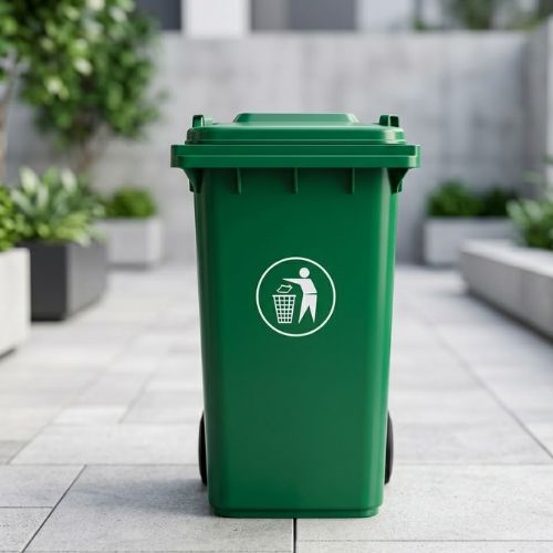 A large, green, industrial-grade mobile waste container with wheels and a hinged lid stands on a light-colored surface in a bright, modern setting.