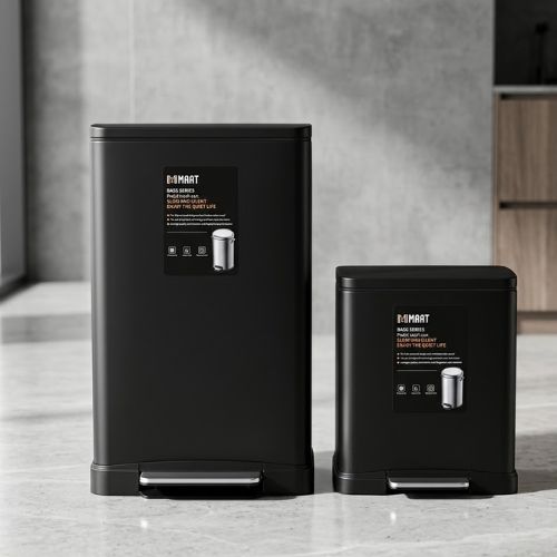 A sleek, matte black pedal-operated trash bin set, featuring a larger and a smaller size, stands on a tiled floor against a modern grey wall background.
