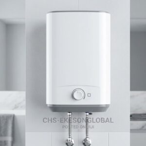 A white wall-mounted Ariston electric water heater with chrome plumbing fittings, installed against a clean, modern bathroom wall.
