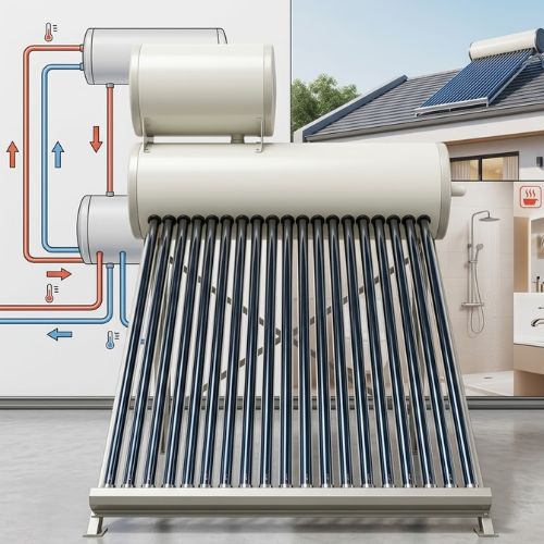 A 160L hybrid solar and electrical water heater featuring high-efficiency evacuated tubes, designed for reliable indoor or outdoor installation.