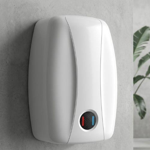 A sleek white Ariston Pronto Neo instant electric water heater mounted on a modern grey wall.