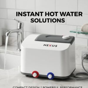 A 15L Nexus electric water heater with Italian design, featuring a compact white body, placed on a marble countertop next to a faucet and power outlet.
