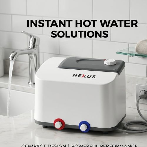 A 15L Nexus electric water heater with Italian design, featuring a compact white body, placed on a marble countertop next to a faucet and power outlet.