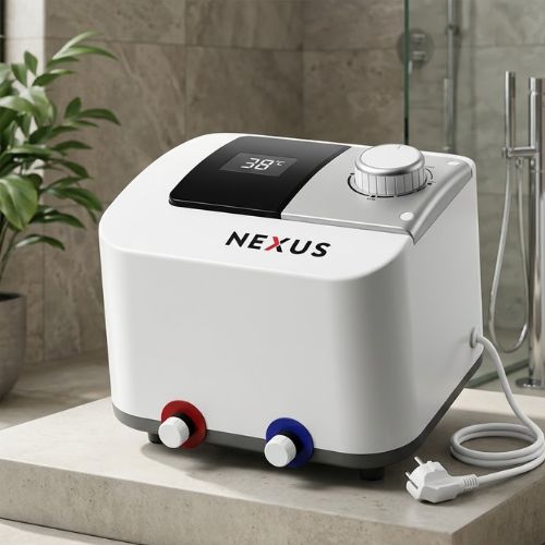 A 10L Nexus electric water heater with Italian design, featuring a compact white body and a temperature display, placed on a stone surface.
