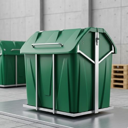 A 2000L industrial Geepee waste container, featuring a durable green body with a secure lid and sturdy metal frame, positioned in an outdoor setting.