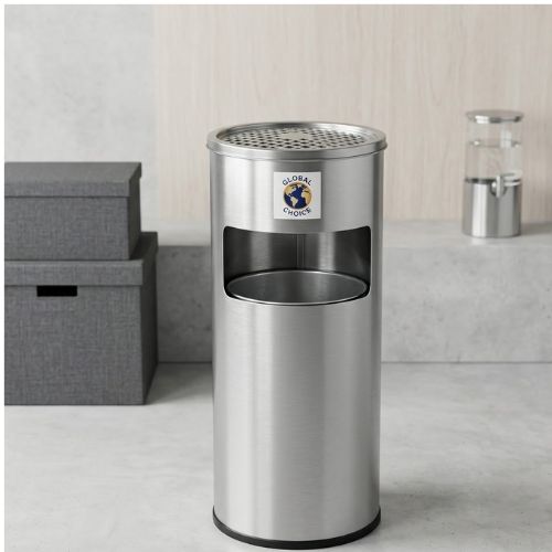 A 30-liter stainless steel waste bin featuring an integrated top-mounted ashtray and a sleek, cylindrical design for professional use.