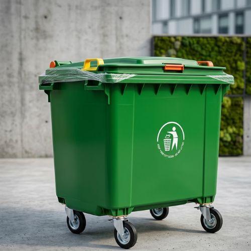 A heavy-duty green 660-litre industrial mobile waste bin with wheels, set against a clean, modern concrete background.