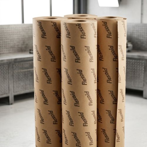 A set of industrial 2.5mm paper gasket rolls standing upright in a clean, professional workshop environment.