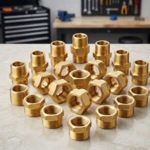 A collection of precision-machined 3/8" x 1/2" brass bushings arranged on a clean marble surface in a workshop setting.