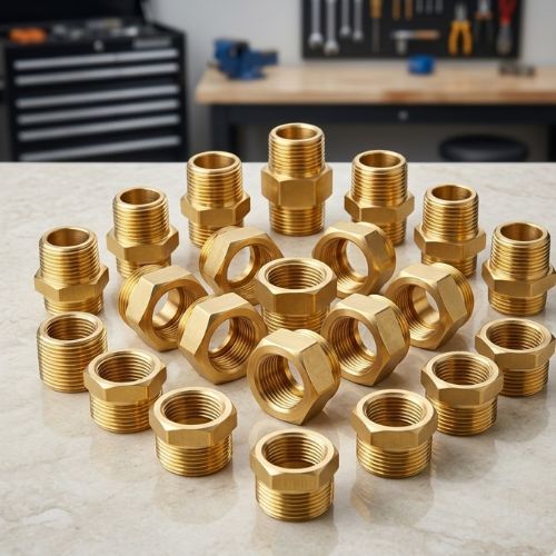 A collection of precision-machined 3/8" x 1/2" brass bushings arranged on a clean marble surface in a workshop setting.