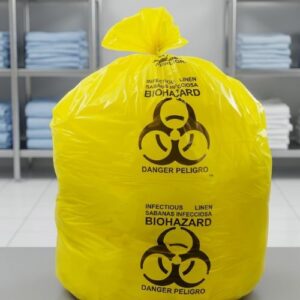 A yellow biohazard-labeled infectious linen disposal bag displayed in a professional medical storage facility.