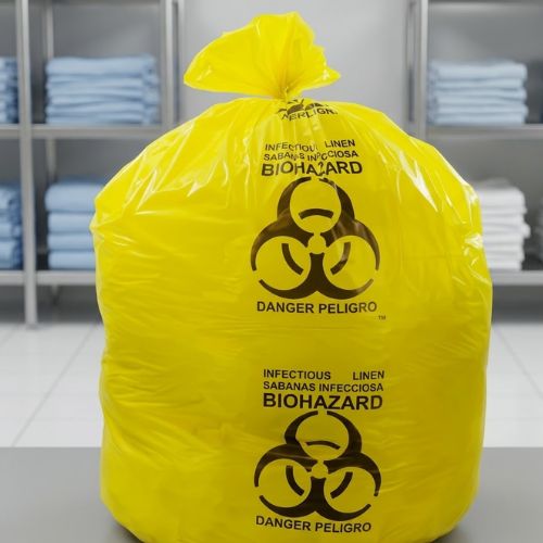 A yellow biohazard-labeled infectious linen disposal bag displayed in a professional medical storage facility.