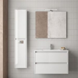 A sleek, white wall-hung bathroom vanity set featuring a high-gloss cabinet with integrated drawers, a tall matching storage unit, and a rectangular mirror, all arranged against a modern tiled wall.