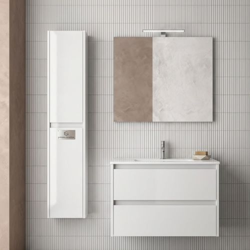 A sleek, white wall-hung bathroom vanity set featuring a high-gloss cabinet with integrated drawers, a tall matching storage unit, and a rectangular mirror, all arranged against a modern tiled wall.