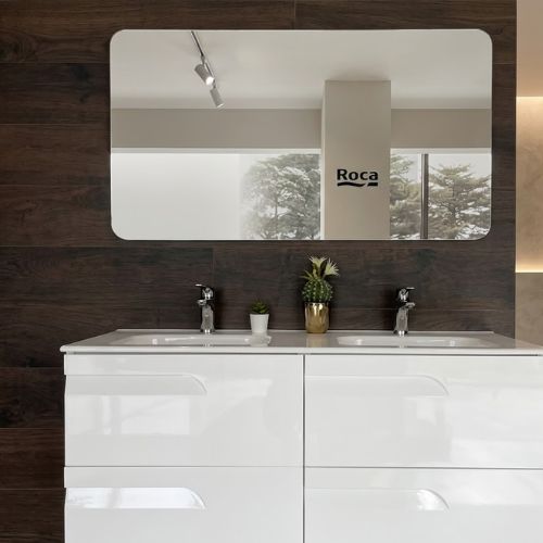 A modern, wall-hung Vitale 120 double-sink vanity featuring a sleek white high-gloss finish, dual chrome faucets, and a large matching mirror, presented in an elegant bathroom setting.