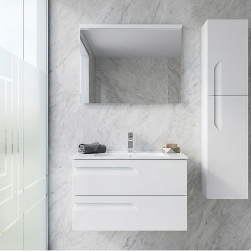 A minimalist Vitale 80 bathroom vanity set, featuring a high-gloss wall-hung cabinet with integrated basin and a matching tall storage unit, elegantly displayed against a marble-textured wall.