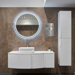 A modern, modular Wave 128 bathroom vanity set with a high-gloss finish, curved vanity unit, matching tall column cabinet, and a large round LED mirror, showcased in a sophisticated bathroom setting.