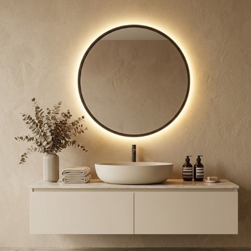 A contemporary floating vanity console with a circular LED-backlit mirror, a minimalist basin, and premium accessories, set against a warm, textured wall.