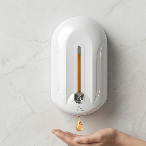 A clean, white wall-mounted automatic soap dispenser mounted on a modern marble-textured bathroom wall.