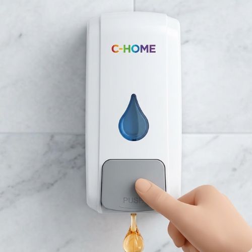 A hand pushing the button of a white wall-mounted manual soap dispenser on a marble-textured bathroom wall.
