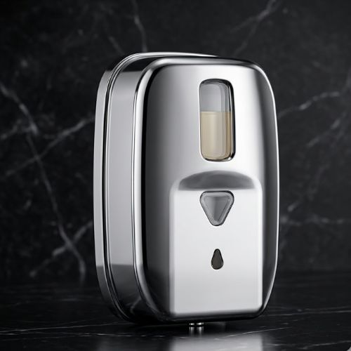 A sleek, stainless steel automatic soap dispenser displayed against a dark, polished marble background.