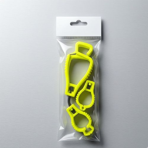 High-visibility yellow industrial glove clip holder in a clear plastic retail package against a minimalist gray background.