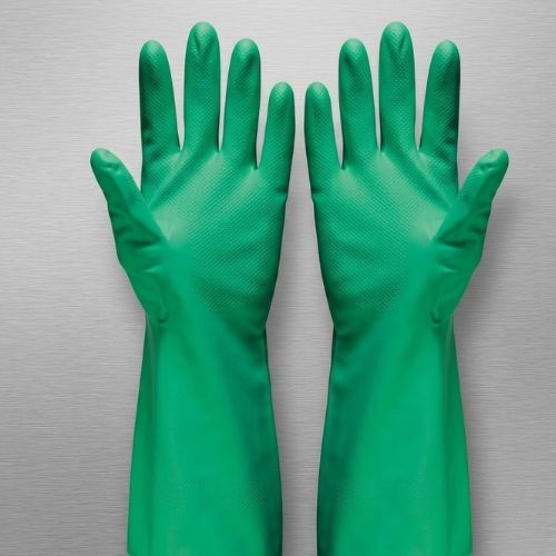 Pair of industrial-grade green nitrile chemical safety gloves displayed against a minimalist gray background.