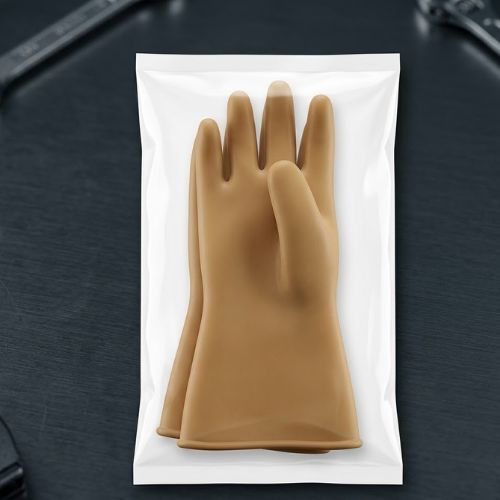 Pair of industrial-grade high-voltage electrical insulating safety gloves displayed against a dark, professional workshop background.