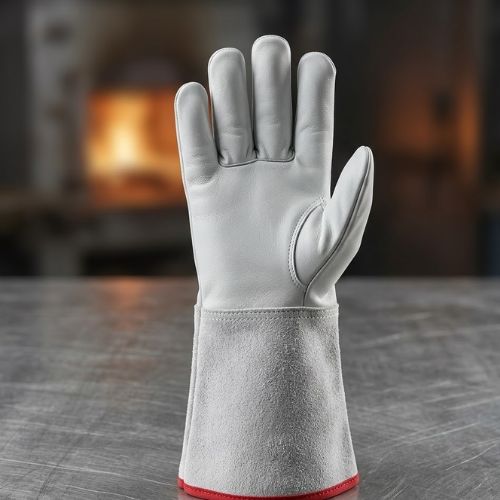 Professional leather Argon welding gloves with an extended cuff, displayed against a dark, industrial workshop background.